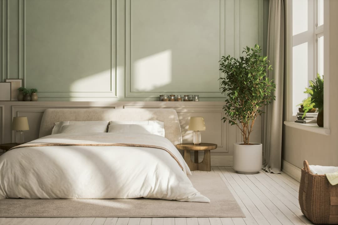 Interior of a modern cozy bedroom with furniture in pastel tones.